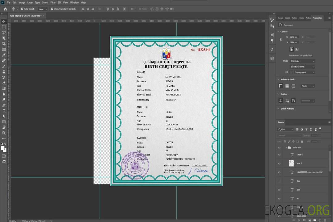 Modèle PSD de certificat de naissance des Philippines template